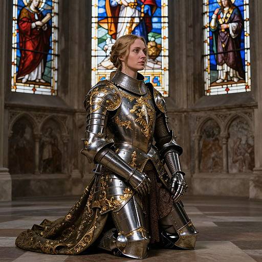 Photorealistic CGI of a blonde woman in ornate, gold-embellished medieval armor kneeling in a grand, stained glass-lit cathedral.