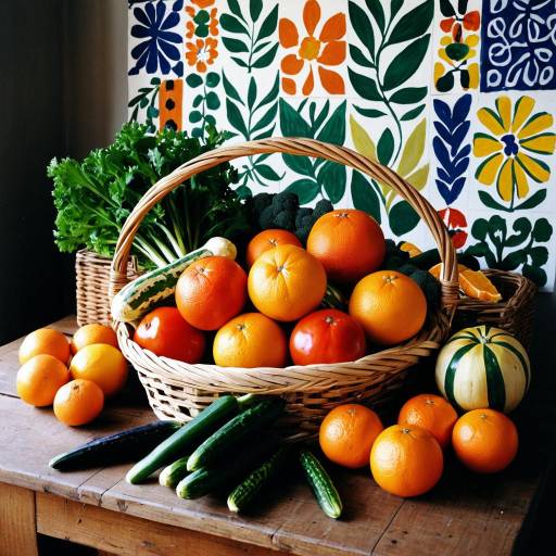Basket of fresh vegetables with decorative backdrop