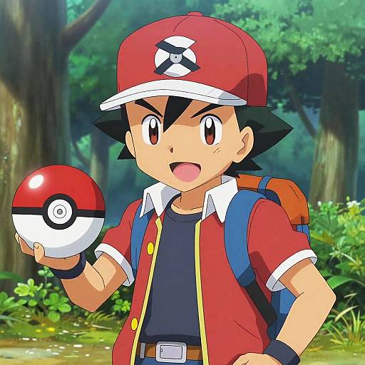 Anime-style digital drawing of a young boy with black hair, red cap, red jacket, holding a Poké Ball in a forest.