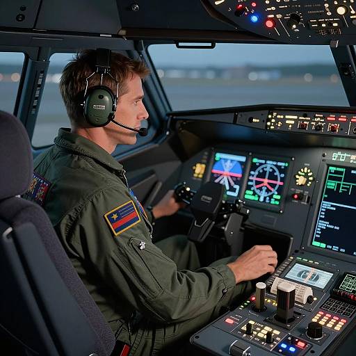 Focused Male Pilot in High-Tech Cockpit