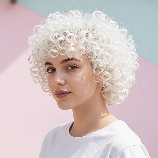 Photograph of a young person with short, curly, platinum blonde hair, fair skin, and brown eyes, wearing a white shirt, against a soft