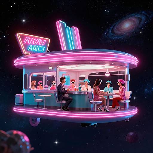 Neon-lit, retro-futuristic space diner with neon sign 