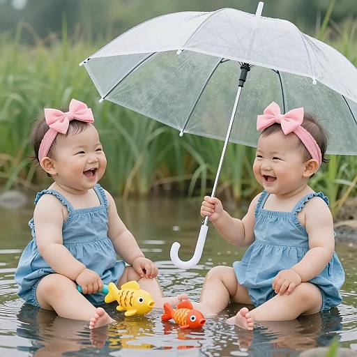 Joyful Babies Playing in Shallow Water