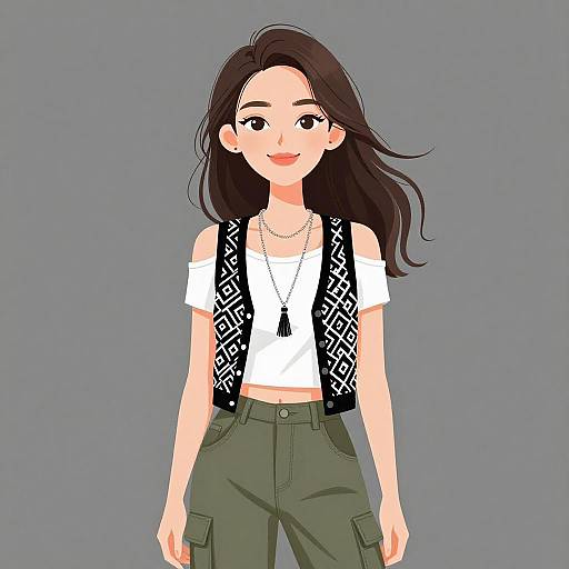 Digital illustration of a smiling young woman with long black hair, wearing a white top, black patterned vest, green cargo pants, and necklace, against