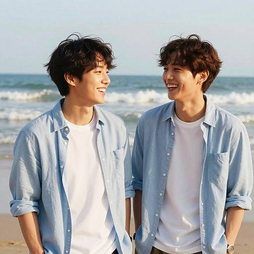 Photograph of two young Asian men with short, messy black hair, wearing light blue button-up shirts over white t-shirts, smiling and laughing at a