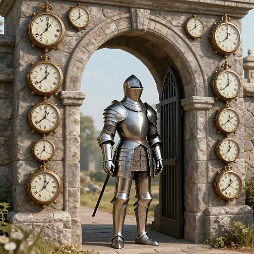 Photorealistic CGI of a knight in full armor standing in front of a stone archway with nine vintage clocks.