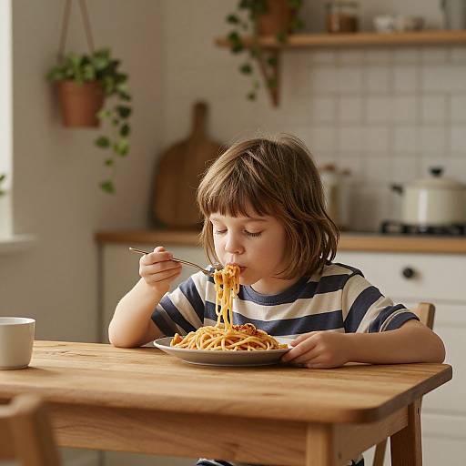 Photograph of a young boy with brown hair, wearing a striped shirt, eating spaghetti with chopsticks at a wooden kitchen table.