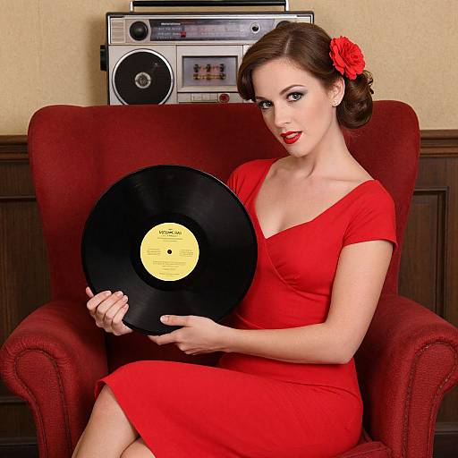 Elegant Woman with Vintage Vinyl Record