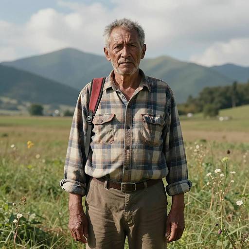 Serious Middle-Aged Man in Mountain Field