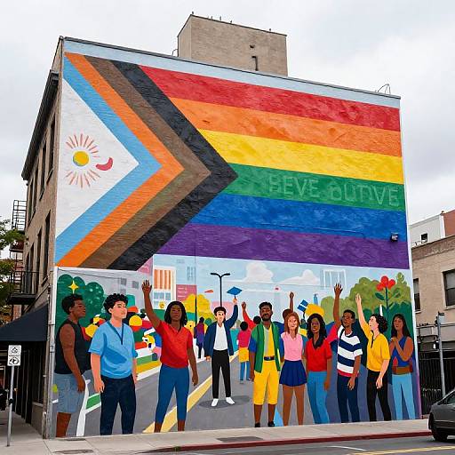 Vibrant mural of diverse people celebrating Pride, with a large rainbow flag and 