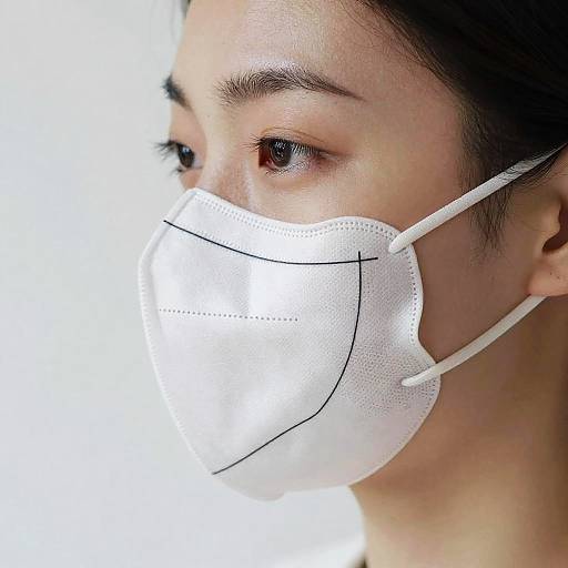 Close-up photograph of an East Asian woman with light skin, wearing a white surgical mask, showing her eyes and part of her face against a white background