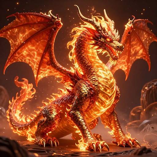 Digital artwork of a blazing red dragon with fiery scales, wings, and tail, standing on a rocky, darkened landscape.