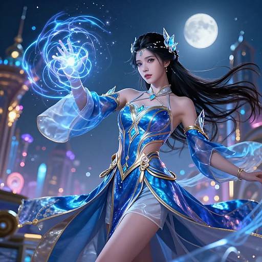 Digital artwork of an Asian woman in a blue, metallic fantasy dress, conjuring glowing blue magic in a neon city night.