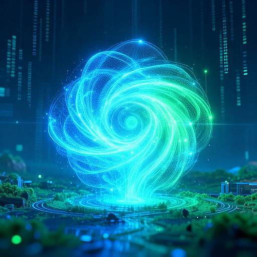 Digital artwork of a glowing, blue-green, swirling vortex of light above a futuristic cityscape with neon lights and cybernetic elements.