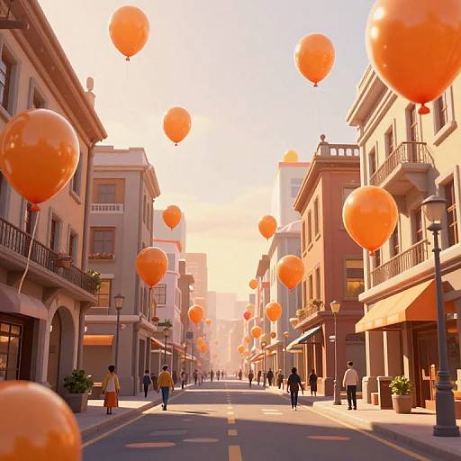 Digital artwork of a sunlit, urban street with orange balloons floating above, people walking, and pastel-colored buildings lining both sides.