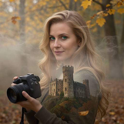 Blonde woman with green eyes, holding camera, superimposed over medieval castle in foggy autumn forest, surrounded by yellow leaves. Photograph.
