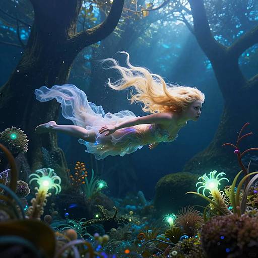 Digital artwork of a blonde mermaid with flowing hair, wearing a shimmering tail, swimming through a vibrant, bioluminescent underwater forest.