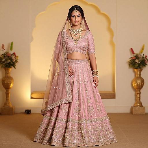 Photograph of a South Asian woman in a pink traditional lehenga with gold embroidery, matching dupatta, and jewelry, standing in a warmly lit,