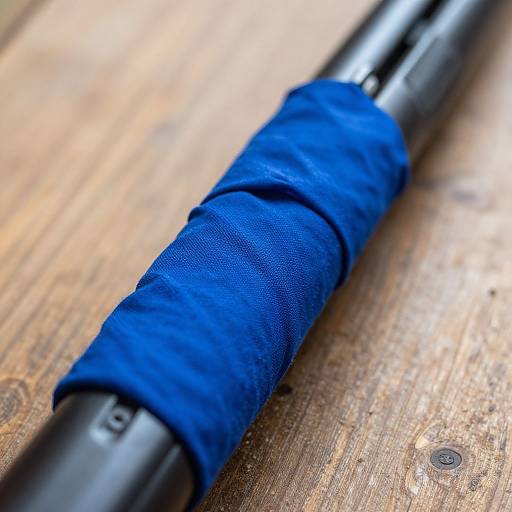Close-up photograph of a black pen wrapped in vibrant blue fabric, lying on a textured wooden surface.