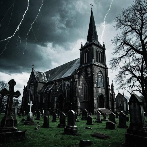 Gothic Church and Graveyard in Stormy Weather