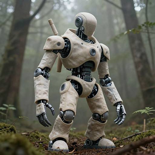 Photograph of a white, robotic figure with black joints, standing in a misty forest. It has a rifle strapped to its back and textured armor