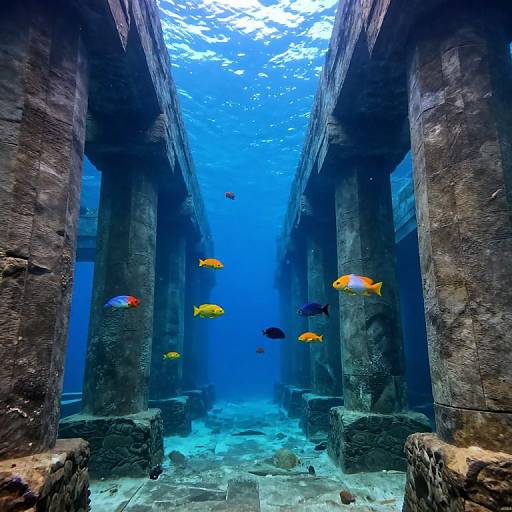 Underwater Fish Among Ancient Columns
