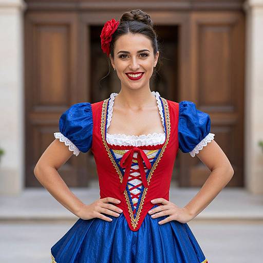 Photograph of a smiling woman with dark hair in a red rose bun, wearing a vibrant blue and red Spanish-style dress with white lace, standing hands