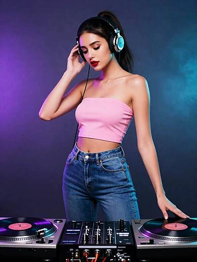 Stylish Female DJ Between Turntables