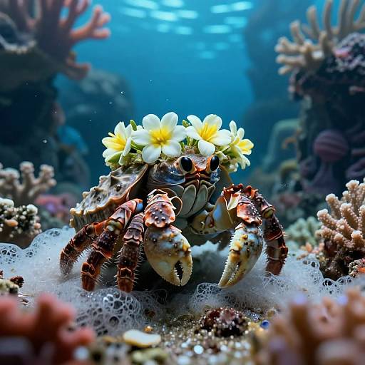 Photorealistic underwater photograph of a crab adorned with white and yellow flower crown, surrounded by bubbles and coral reef.