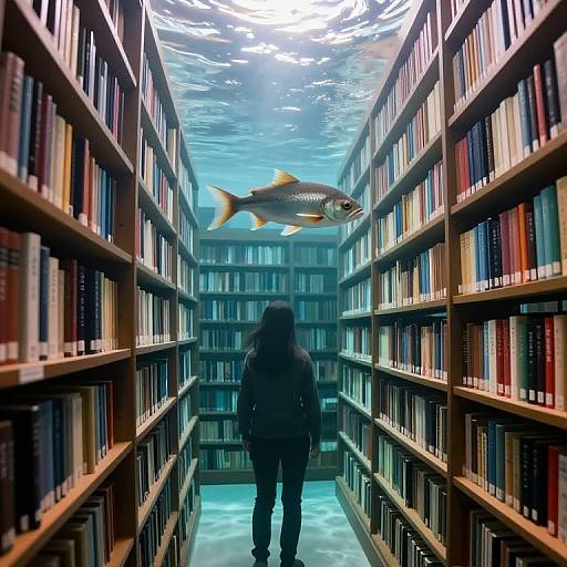 Photograph of a person standing in a library aisle, surrounded by tall shelves filled with books, with an underwater scene including a fish swimming above.
