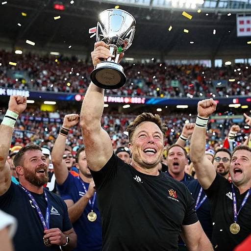 Photograph of jubilant rugby team celebrating, with central player in black jersey raising silver trophy, confetti falling, crowd in background.