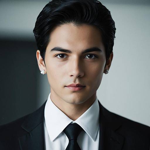 Young man in formal black suit with earrings