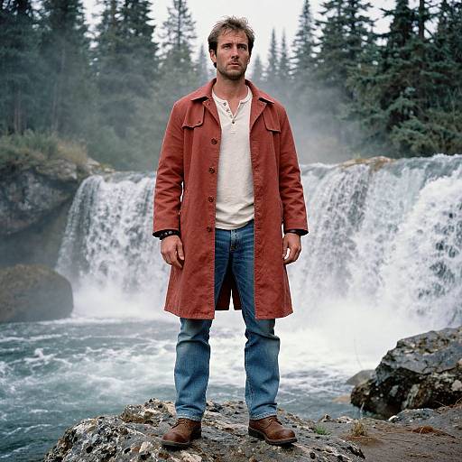 Photograph of a bearded man in a red coat, white shirt, blue jeans, and brown shoes standing in front of a cascading waterfall surrounded