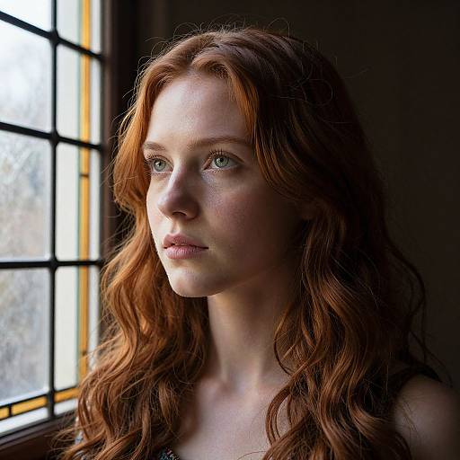 Photograph of a fair-skinned, red-haired woman with wavy hair, pale blue eyes, and freckles, standing by a sunlit