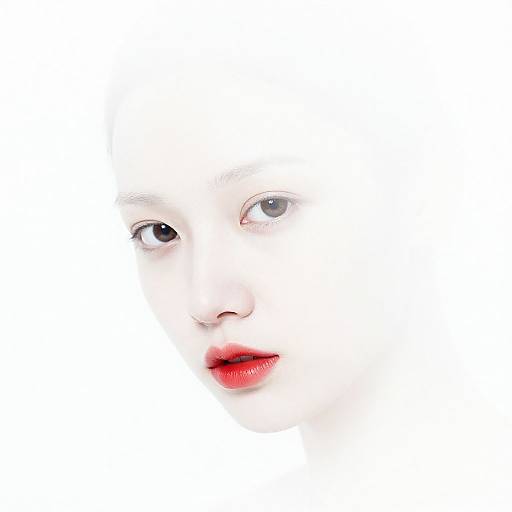 Photograph of a pale-skinned woman's face with wide blue eyes, red lips, and minimal makeup, centered on a stark white background.