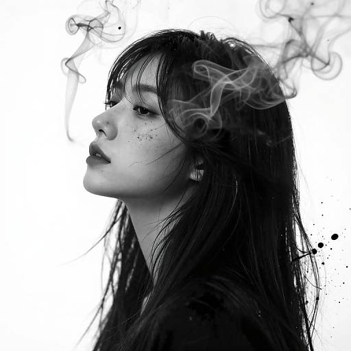 Black-and-white photograph of a young woman with long, dark hair, freckles, and smoky breath, profile view, white background.