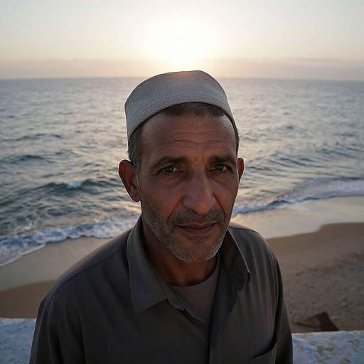 Middle-aged Middle Eastern man with gray beard and white cap, smiling, in front of sunset over calm ocean waves on sandy beach. Photographic portrait.