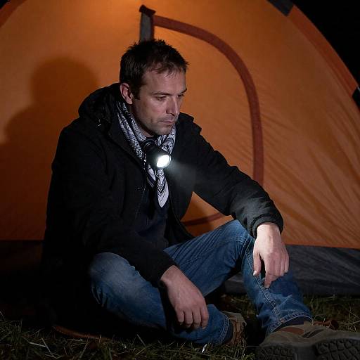Middle-Aged Man in Dim Orange Tent