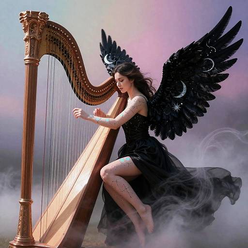 Nocturne Harpist with Black Angel Wings