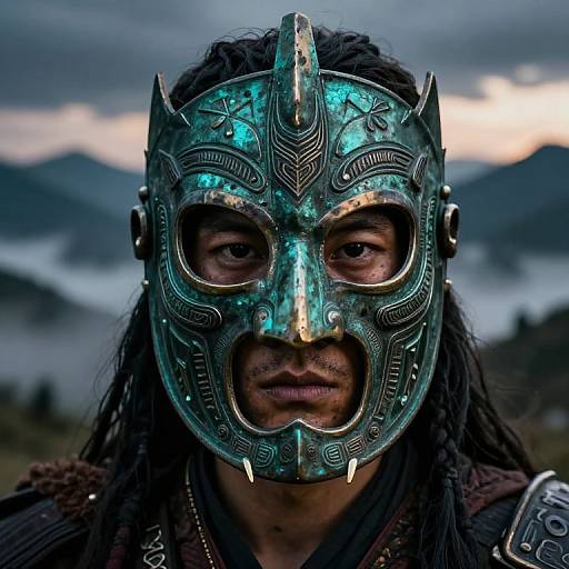 Photograph of a man with dark dreadlocks, wearing an ornate, teal, metallic mask with horns, fangs, and intricate patterns, set