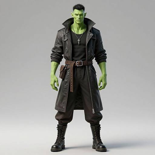 Photograph of a green-skinned, muscular Orc with black, spiked hair, wearing a long black coat, black shirt, belt, and boots.