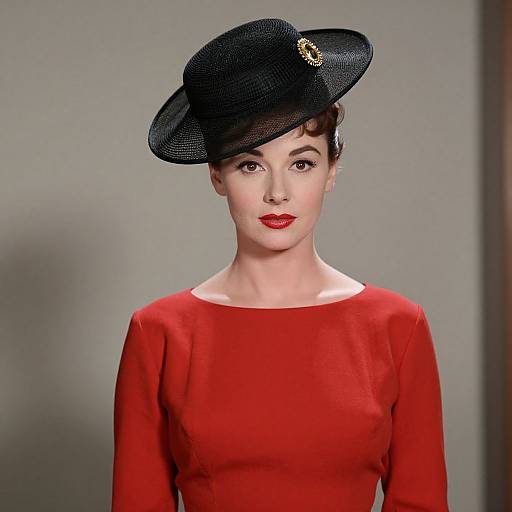 Photograph of a fair-skinned woman with red lipstick, black netted hat with gold embellishment, and red long-sleeve dress, against