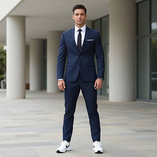 Photograph of a handsome, dark-haired man in a navy suit, white shirt, black tie, and white sneakers, standing confidently in a modern,