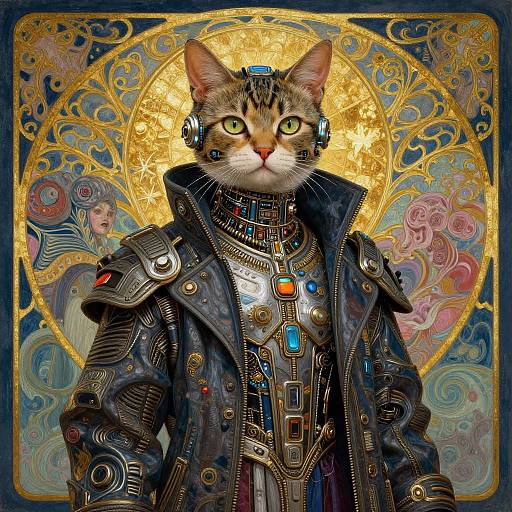 Digital art of a cybernetic tabby cat wearing a detailed, metallic, black leather jacket with blue and orange accents, set against an ornate