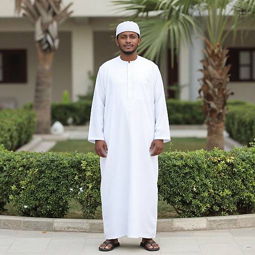 Photograph of a Black man with a beard, wearing a white traditional thobe, white cap, and black sandals, standing in a lush, manic