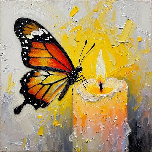 Vibrant digital painting of an orange-and-black butterfly perched on a glowing yellow candle, with textured, abstract background.