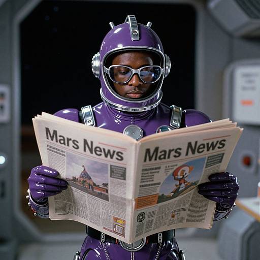 Photograph of a Black person in a shiny purple spacesuit and helmet, reading a 
