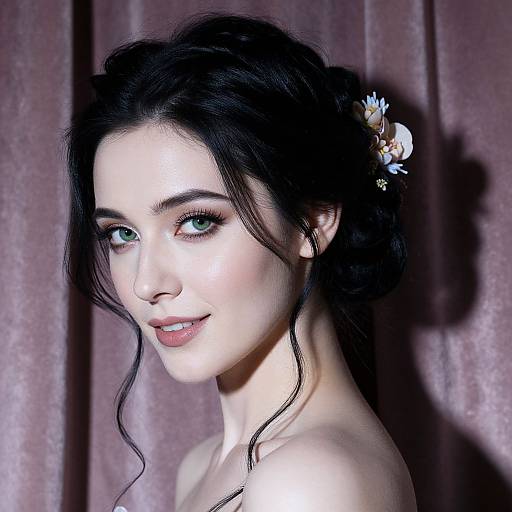 Photograph of a fair-skinned woman with green eyes, black wavy hair in a loose updo, adorned with white flowers, against a pink
