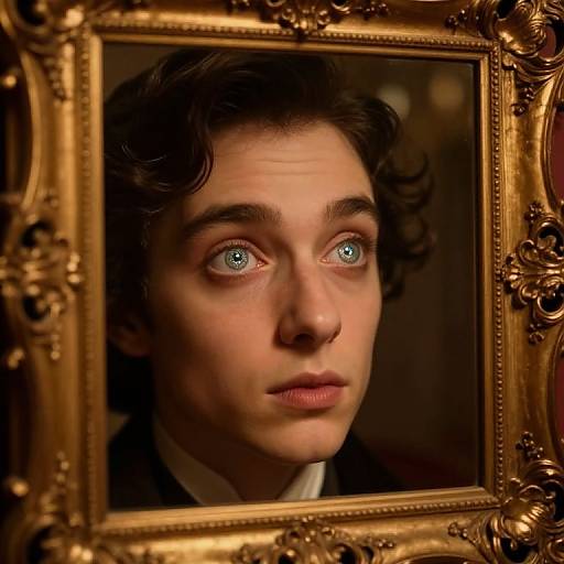 Photograph of a young man with blue eyes, dark curly hair, and fair skin, framed in an ornate, golden picture frame.