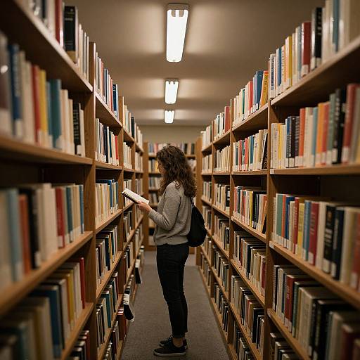 Photograph of a curly-haired woman in a gray sweater and black pants, standing in a library aisle, browsing books. Fluorescent lights illuminate the